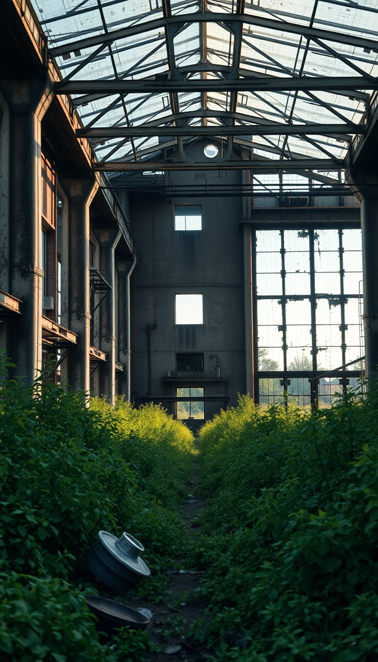 Abandoned Factory Nature Reclaiming Industrial Photorealistic Wallpaper
