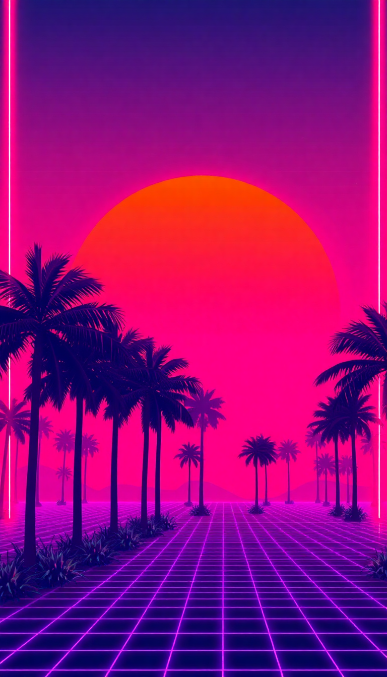 80s Synthwave Grid Sunset Palm Digital art Wallpaper