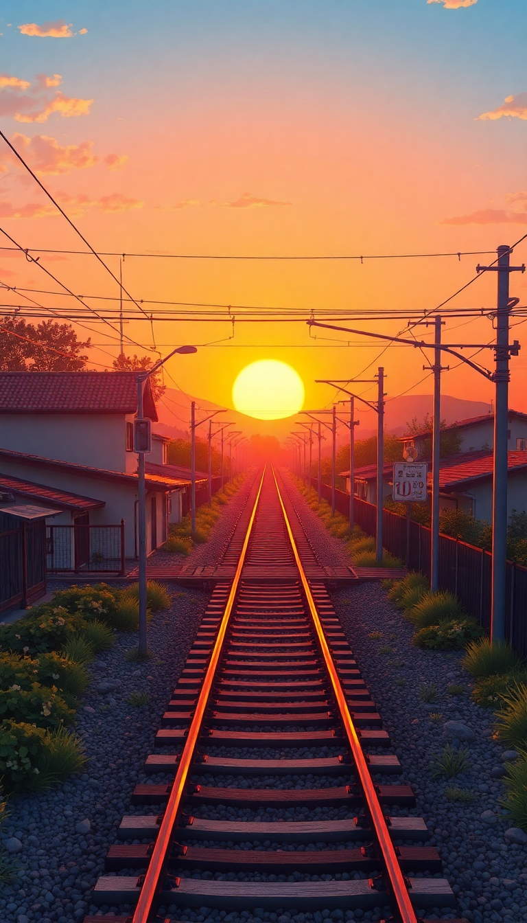 Train Crossing Rural Japan Sunset Anime Wallpaper