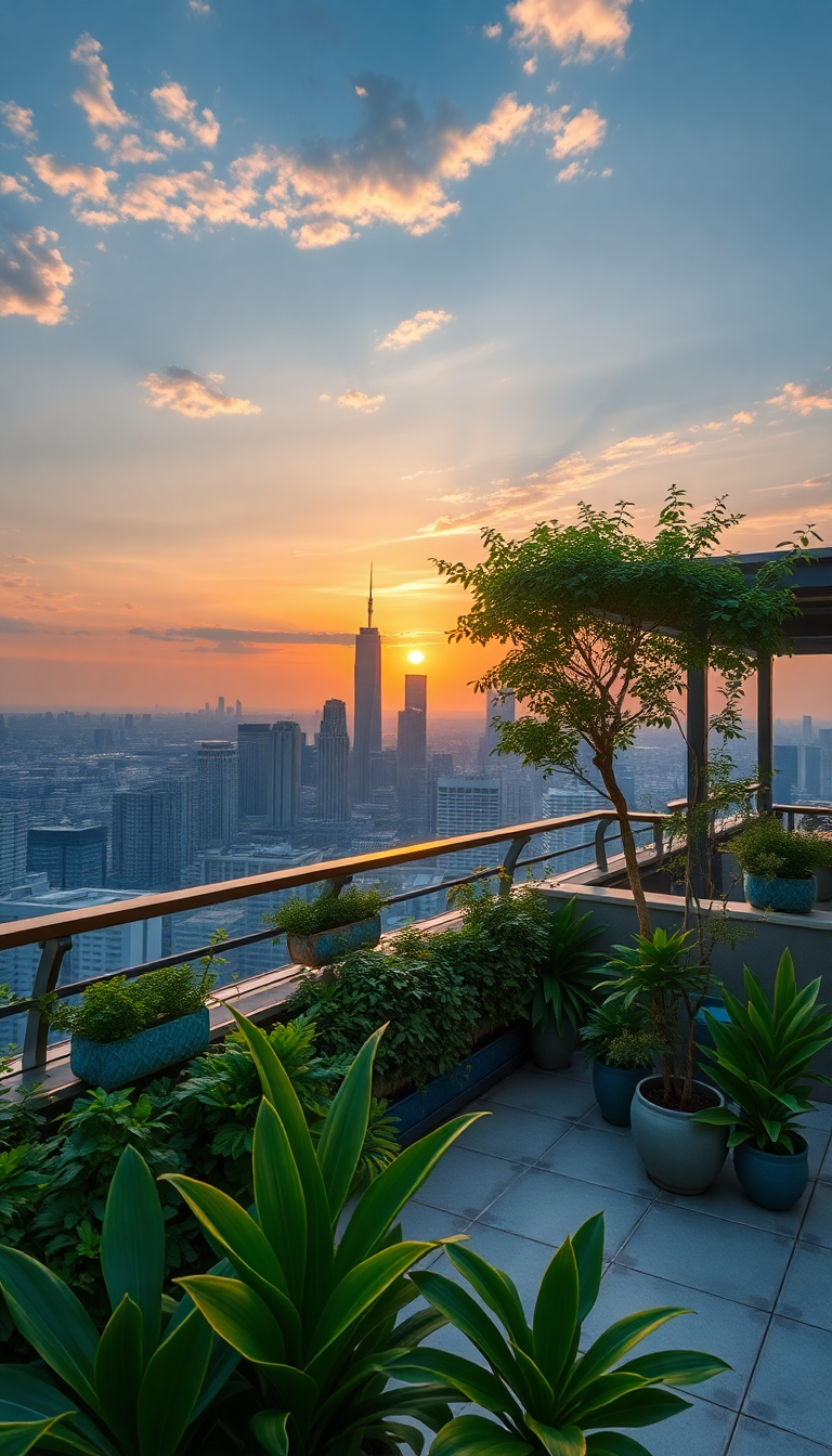 Rooftop Garden Oasis Above City Photorealistic Wallpaper