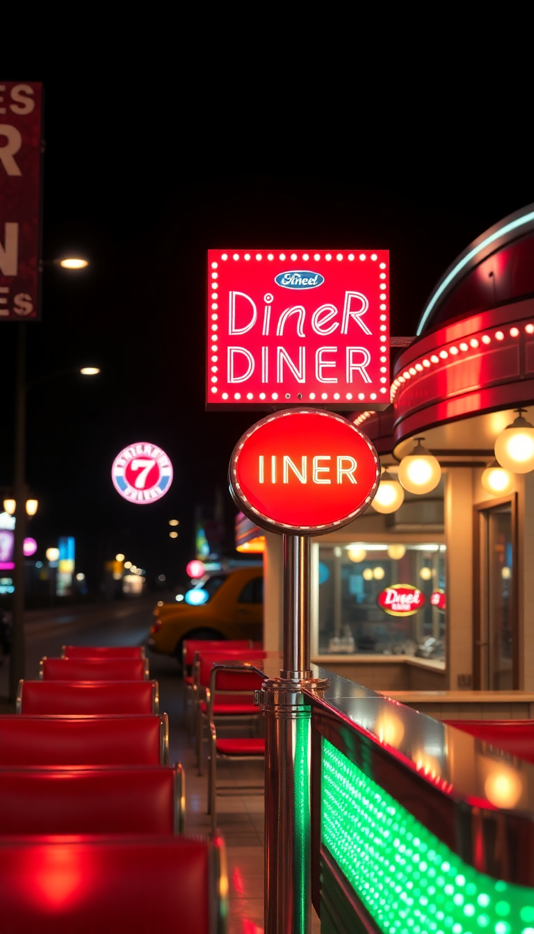 Retro Diner Neon Signs Chrome Photorealistic Wallpaper