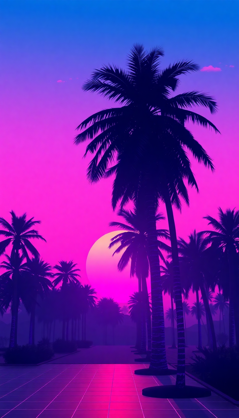80s Synthwave Grid Sunset Palm Digital art Wallpaper