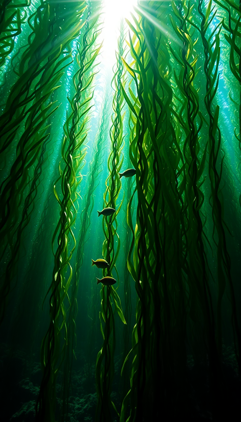 Underwater Forest Kelp Swaying Fish Photorealistic Wallpaper