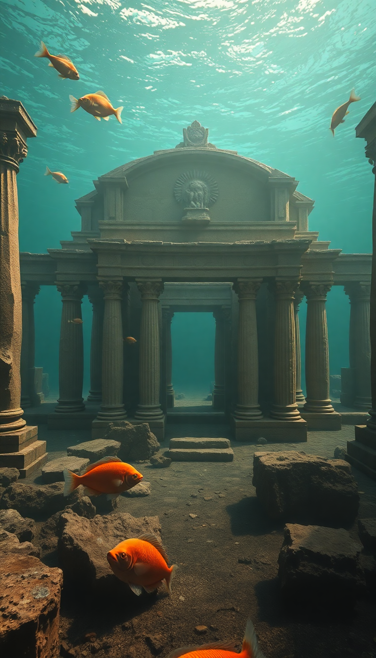 Sunken Ancient Temple Fish Swimming Digital art Wallpaper