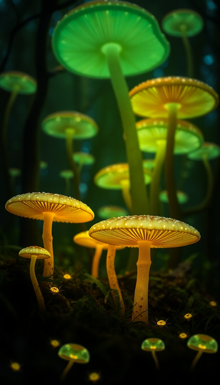 Bioluminescent Mushroom Forest At Night Photorealistic Wallpaper