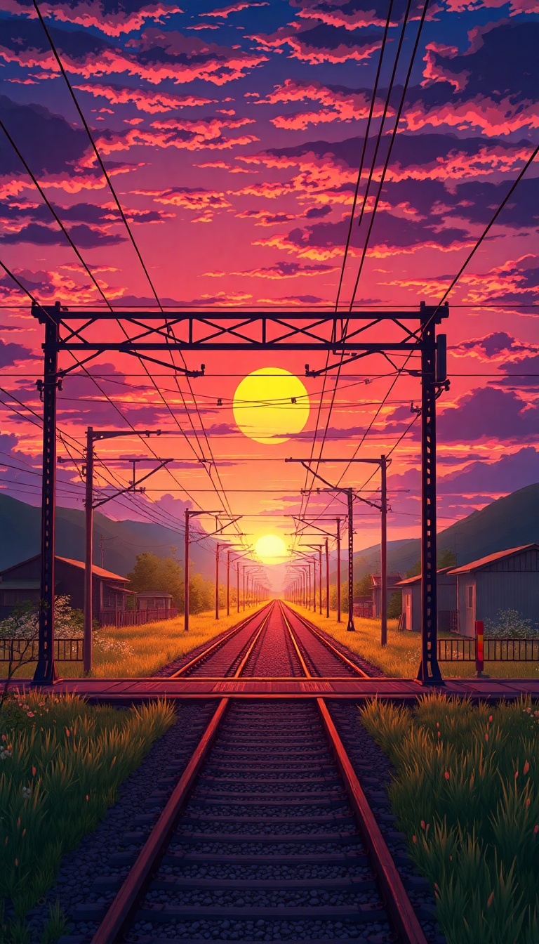 Train Crossing Rural Japan Sunset Anime Wallpaper
