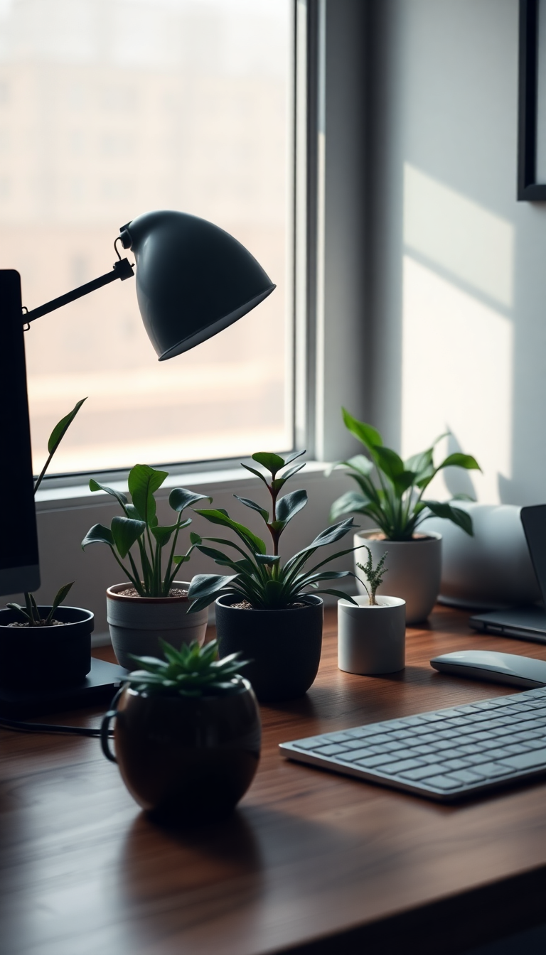 Minimalist Desk Setup Plants Morning Photorealistic Wallpaper