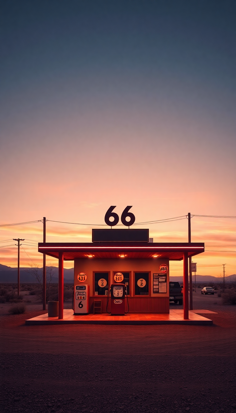 Old Gas Station Desert Route Photorealistic Wallpaper