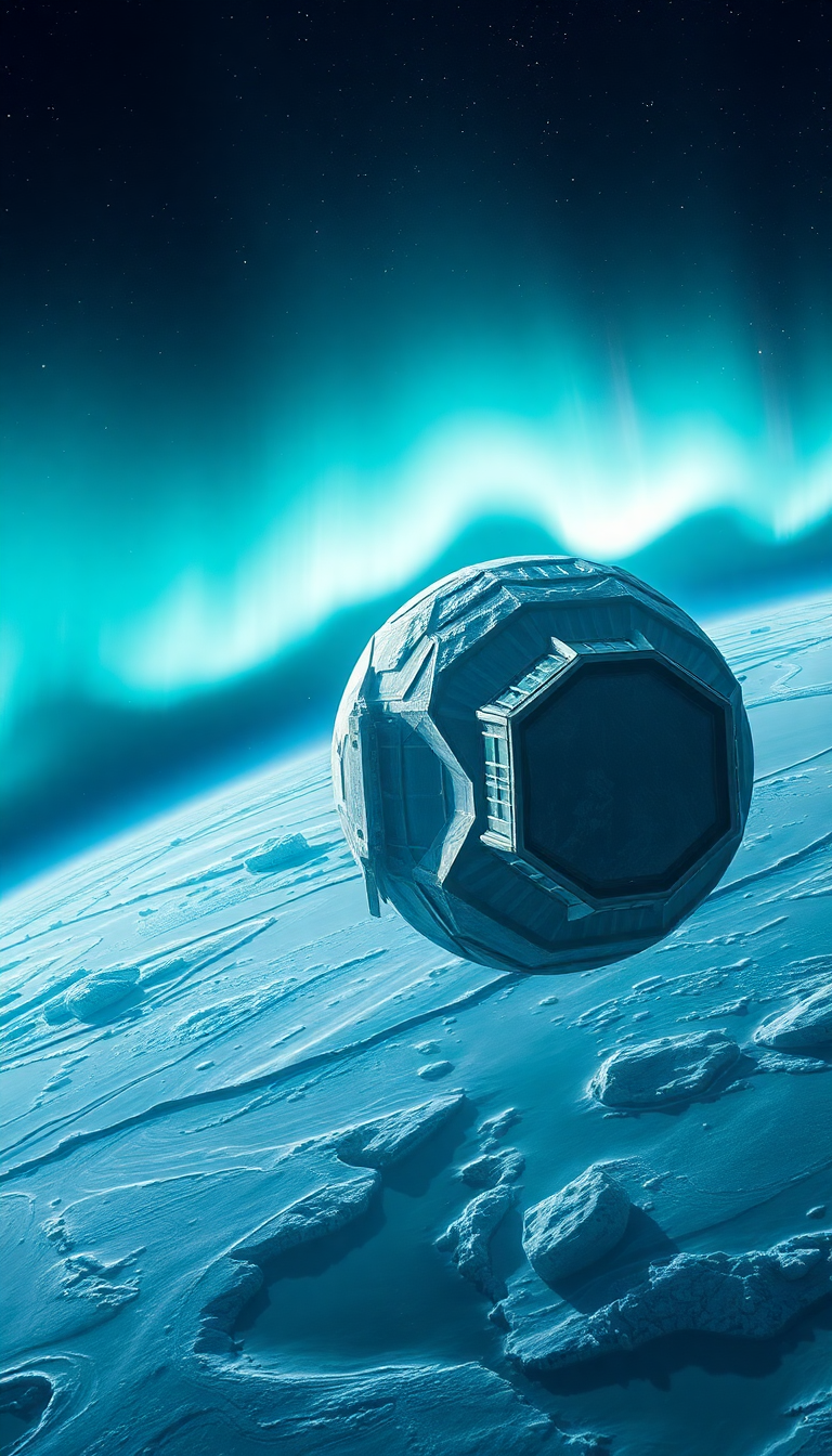 Lonely Satellite Orbiting Ice Planet Photorealistic Wallpaper