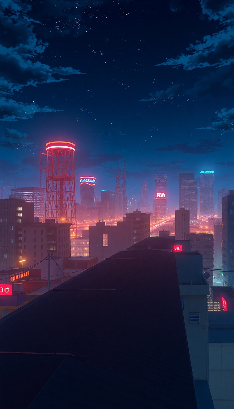 Rooftop At Night City Lights Anime Wallpaper