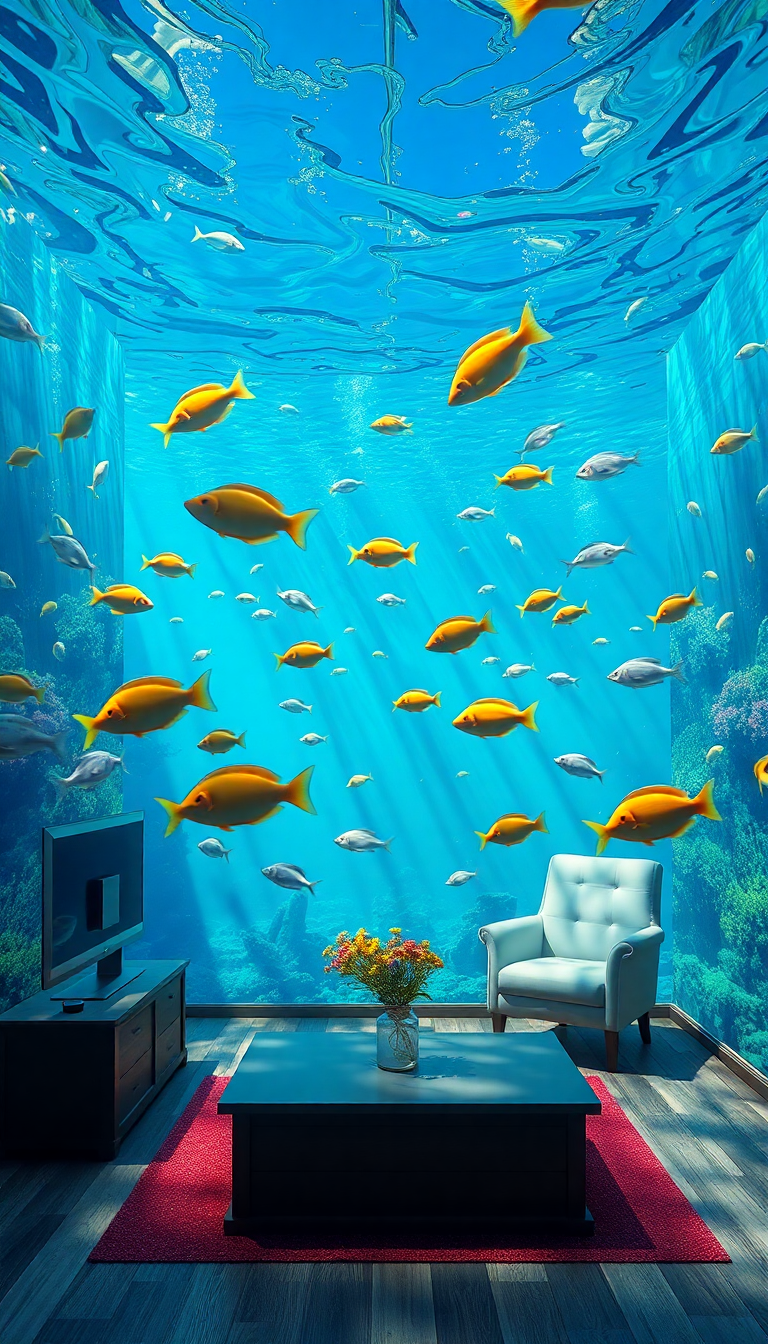 Room Underwater Furniture Floating Fish Digital art Wallpaper