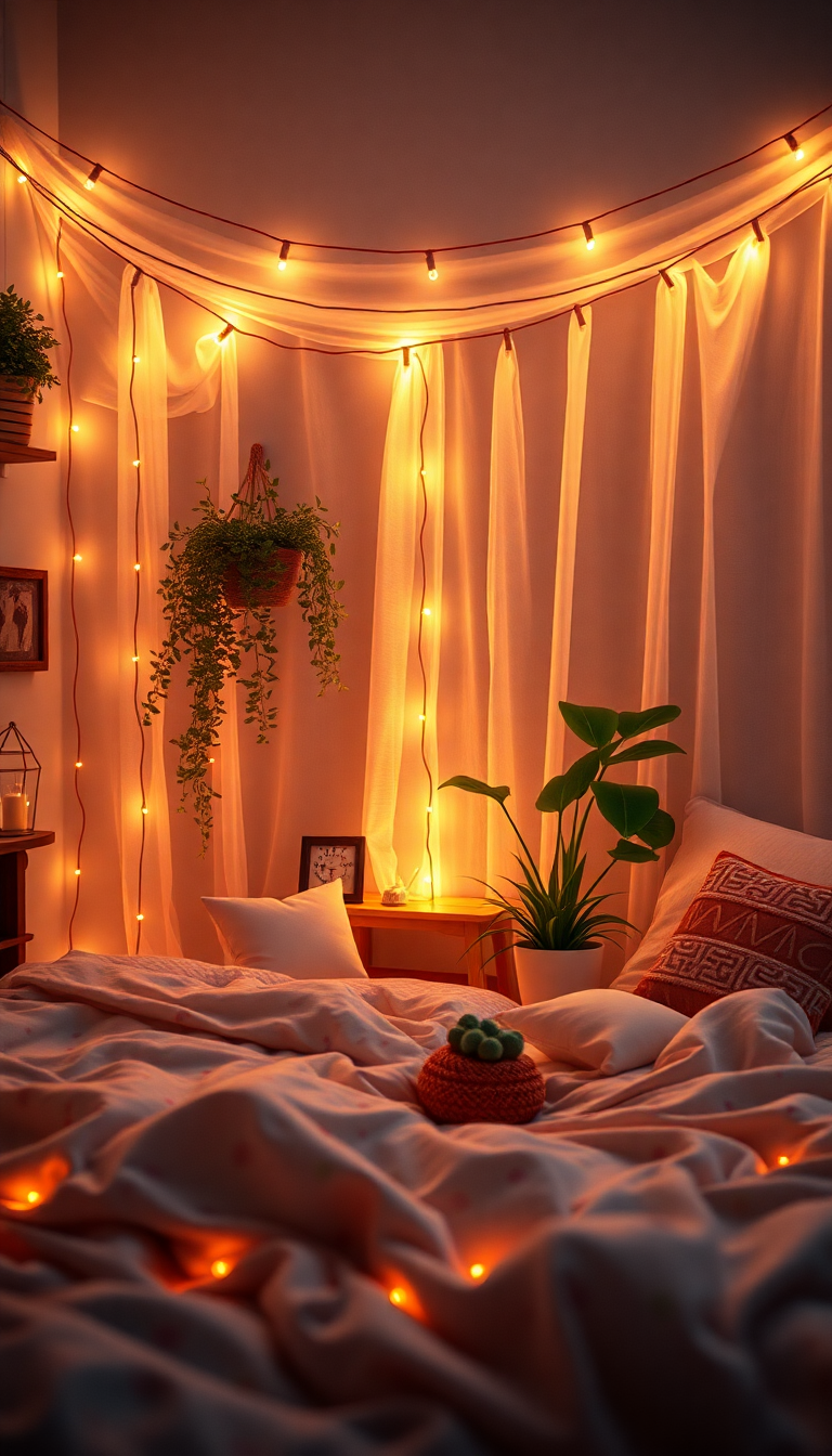Indie Bedroom Fairy Lights Plants Photorealistic Wallpaper