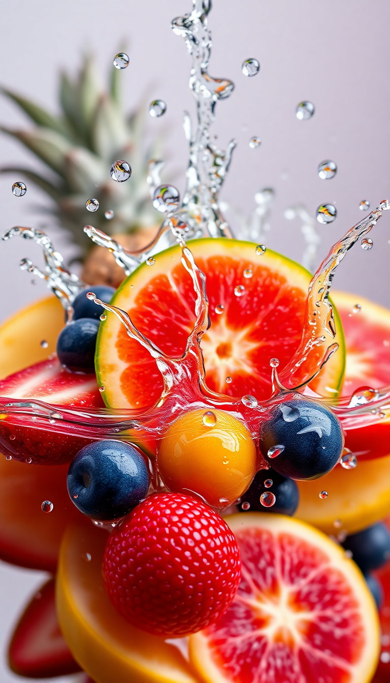 Tropical Fruit Splash Water Droplets Photorealistic Wallpaper