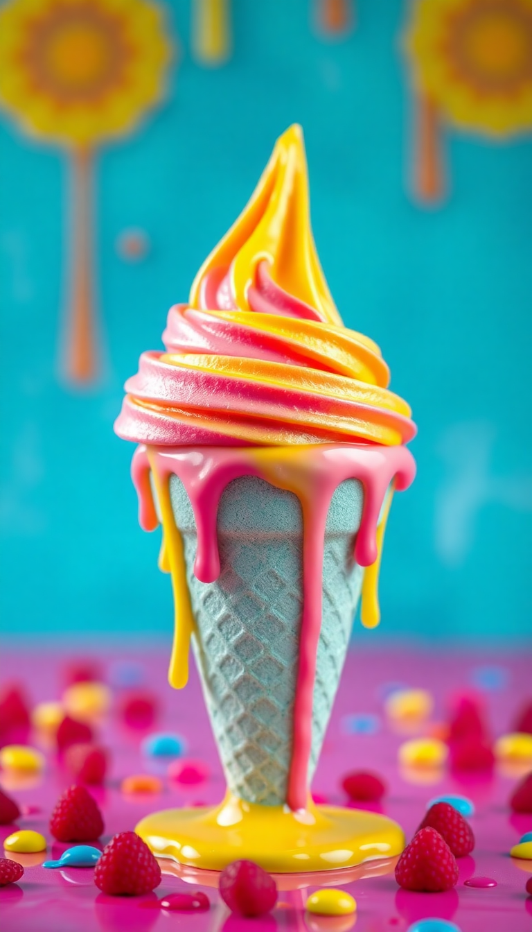 Ice Cream Cone Melting Summer Photorealistic Wallpaper