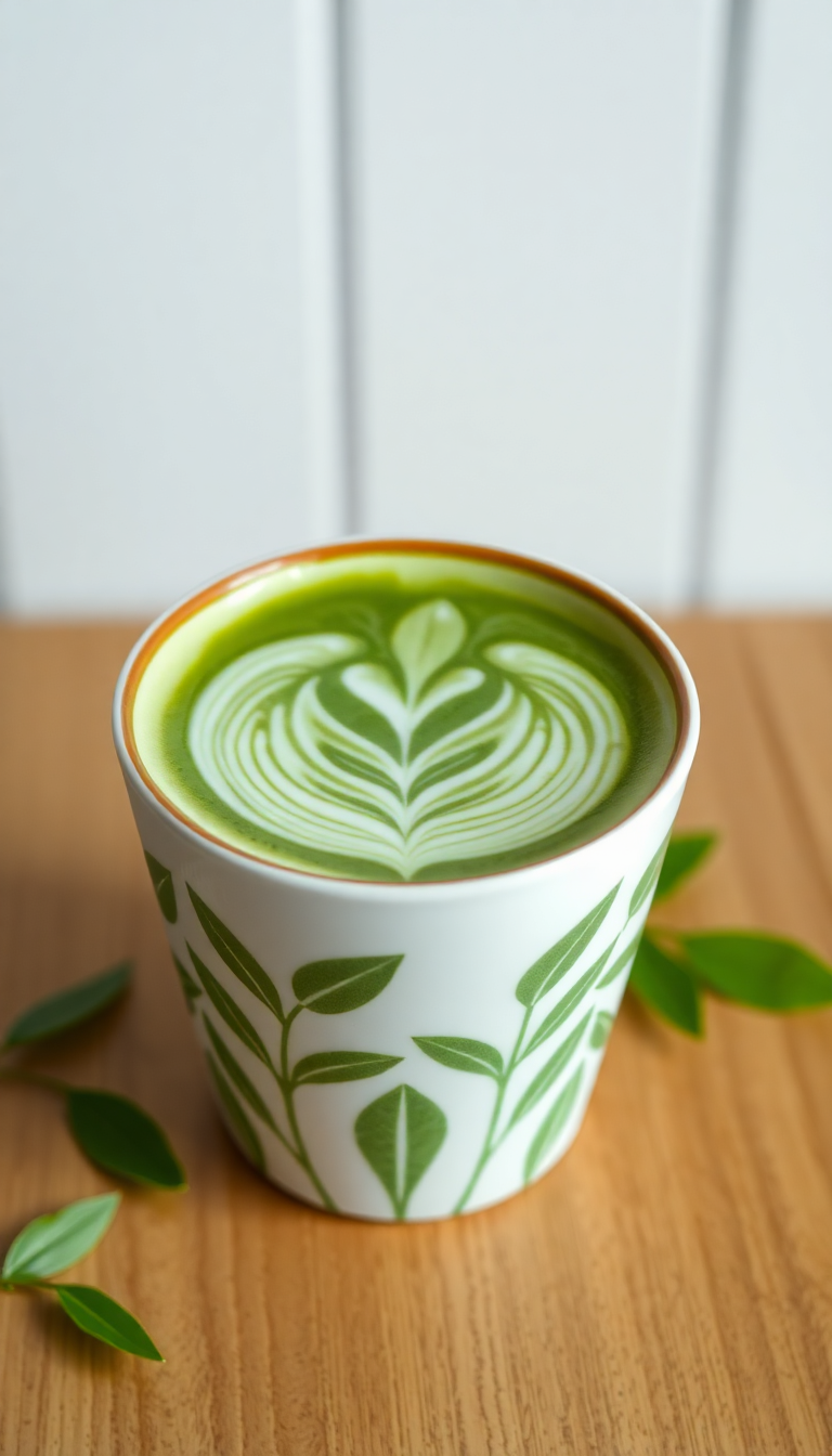 Matcha Latte Art Leaf Pattern Photorealistic Wallpaper