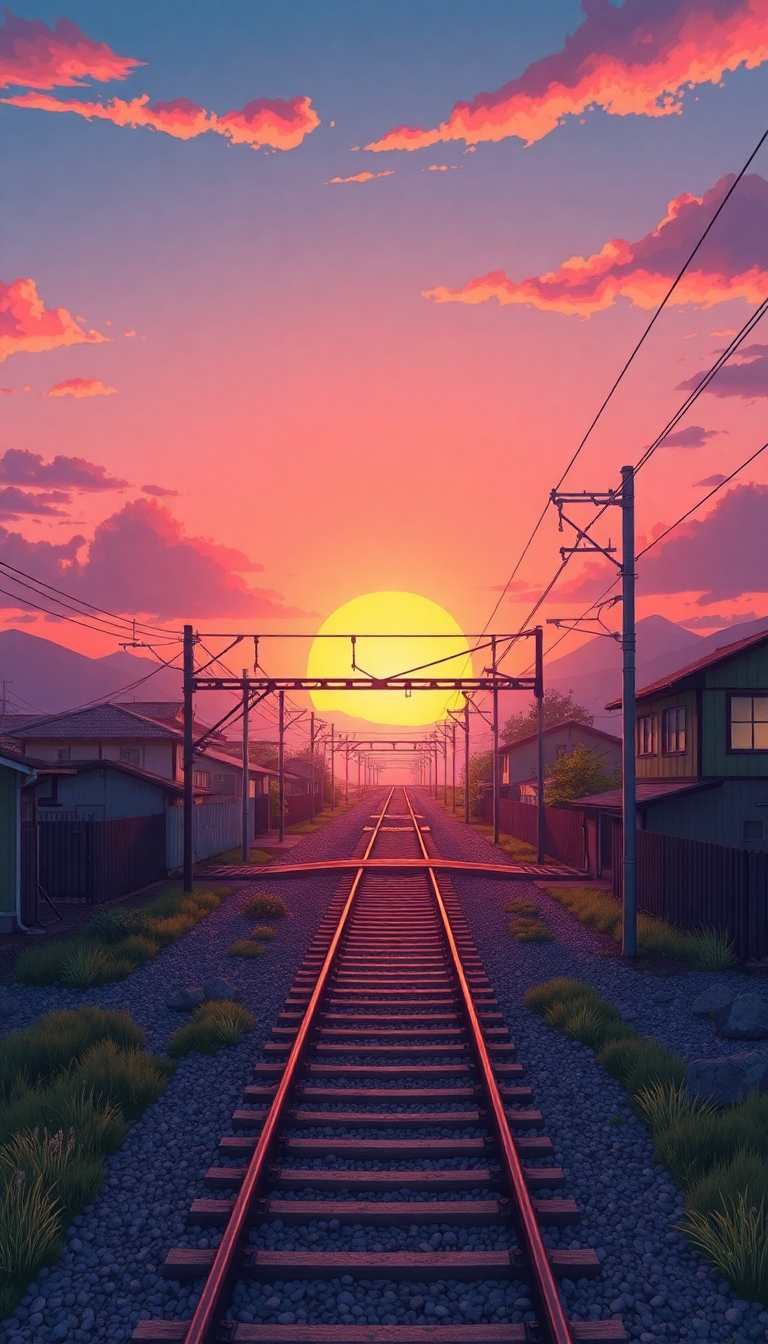 Train Crossing Rural Japan Sunset Anime Wallpaper