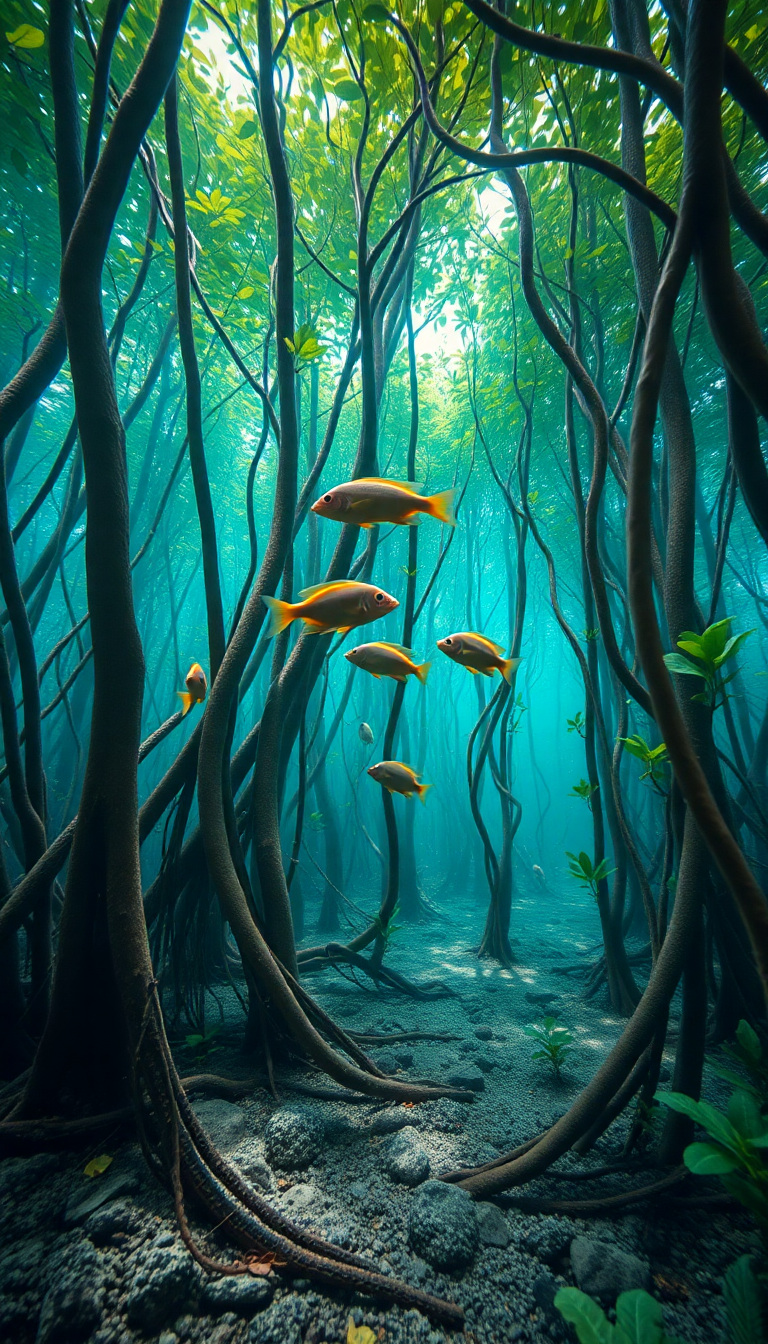 Mangrove Forest Roots Underwater Fish Photorealistic Wallpaper