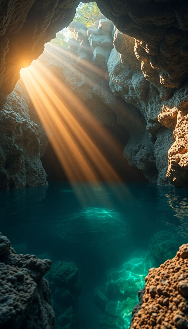 Underwater Cave Entrance Light Streaming Photorealistic Wallpaper