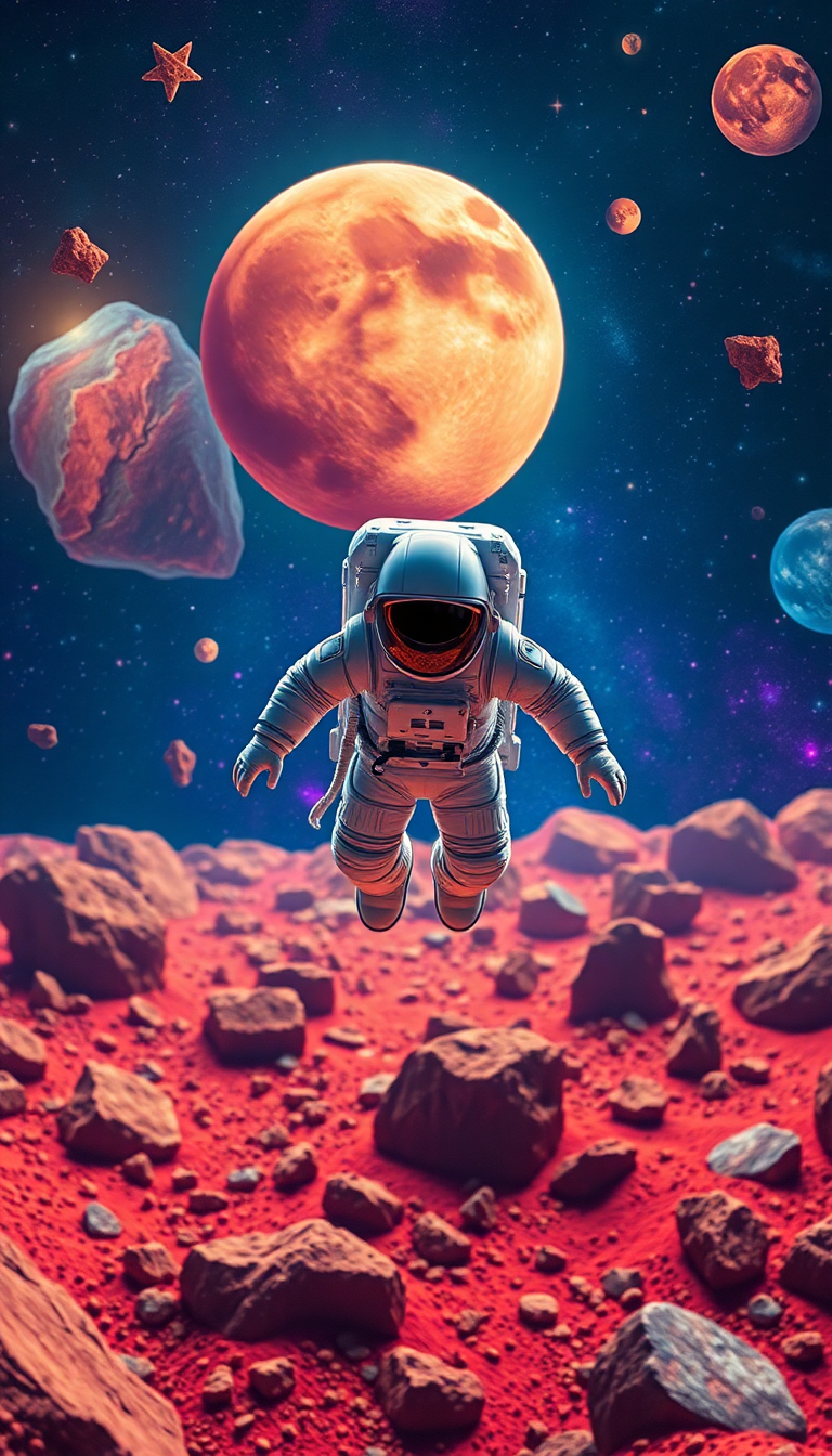 Astronaut Floating Through Colorful Asteroid Field Digital art Select Wallpaper