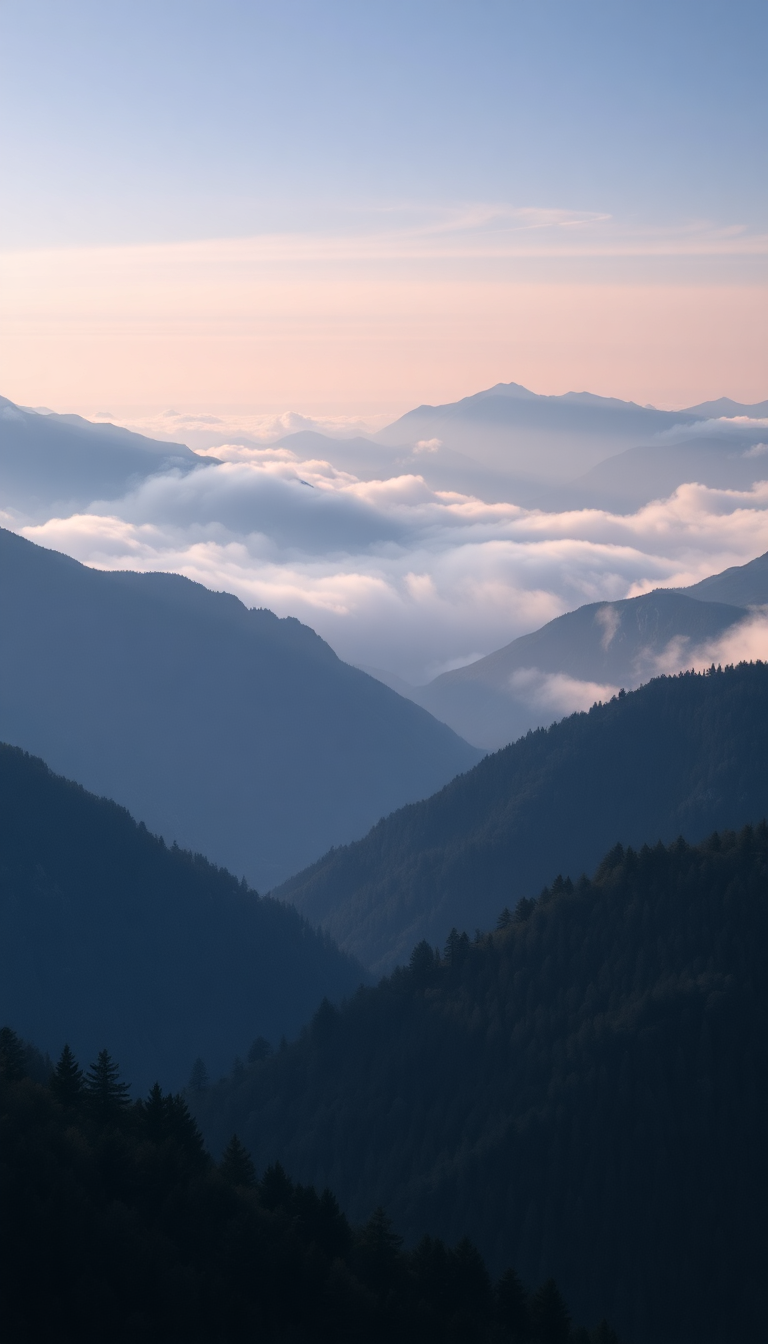 Fog Rolling Over Mountains Valley Photorealistic Wallpaper