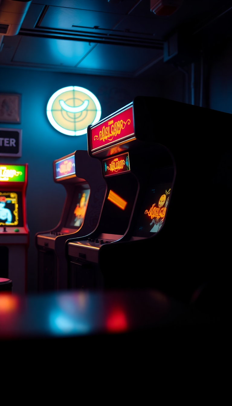 Old Arcade Machines Dark Room Photorealistic Wallpaper
