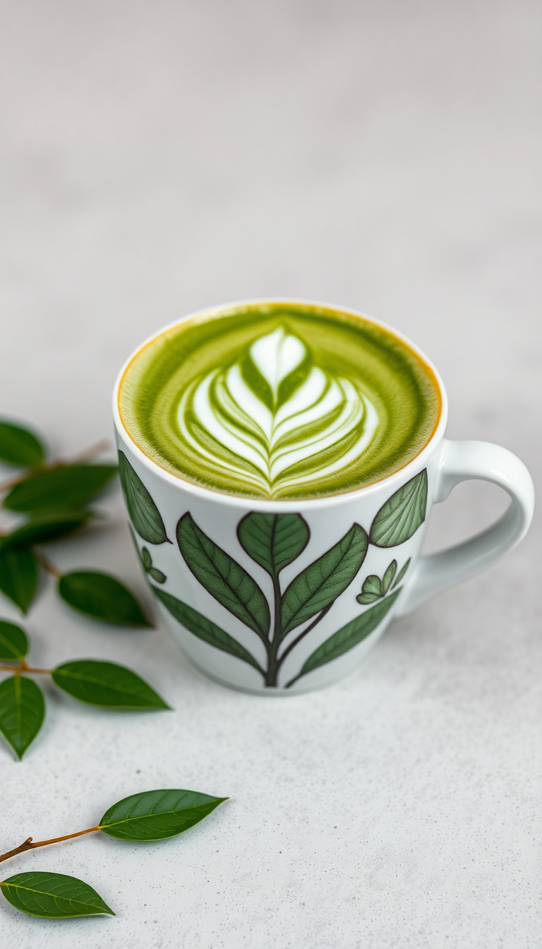 Matcha Latte Art Leaf Pattern Photorealistic Wallpaper