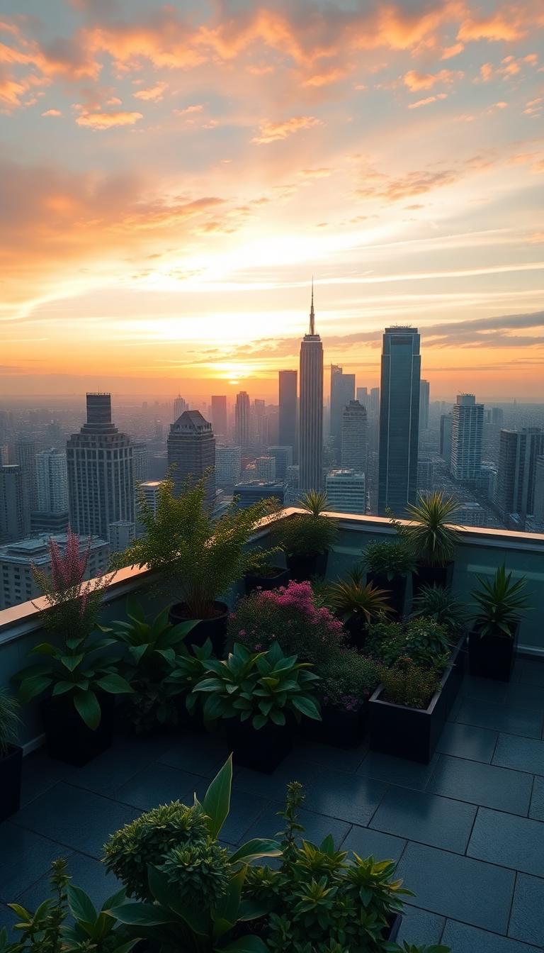 Rooftop Garden Oasis Above City Photorealistic Wallpaper