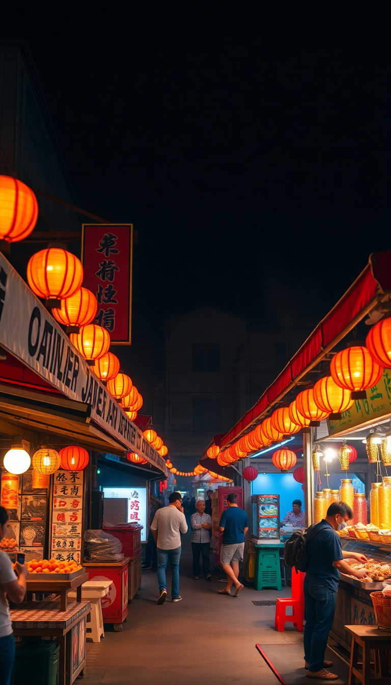 Night Market Street Food Stalls Photorealistic Wallpaper