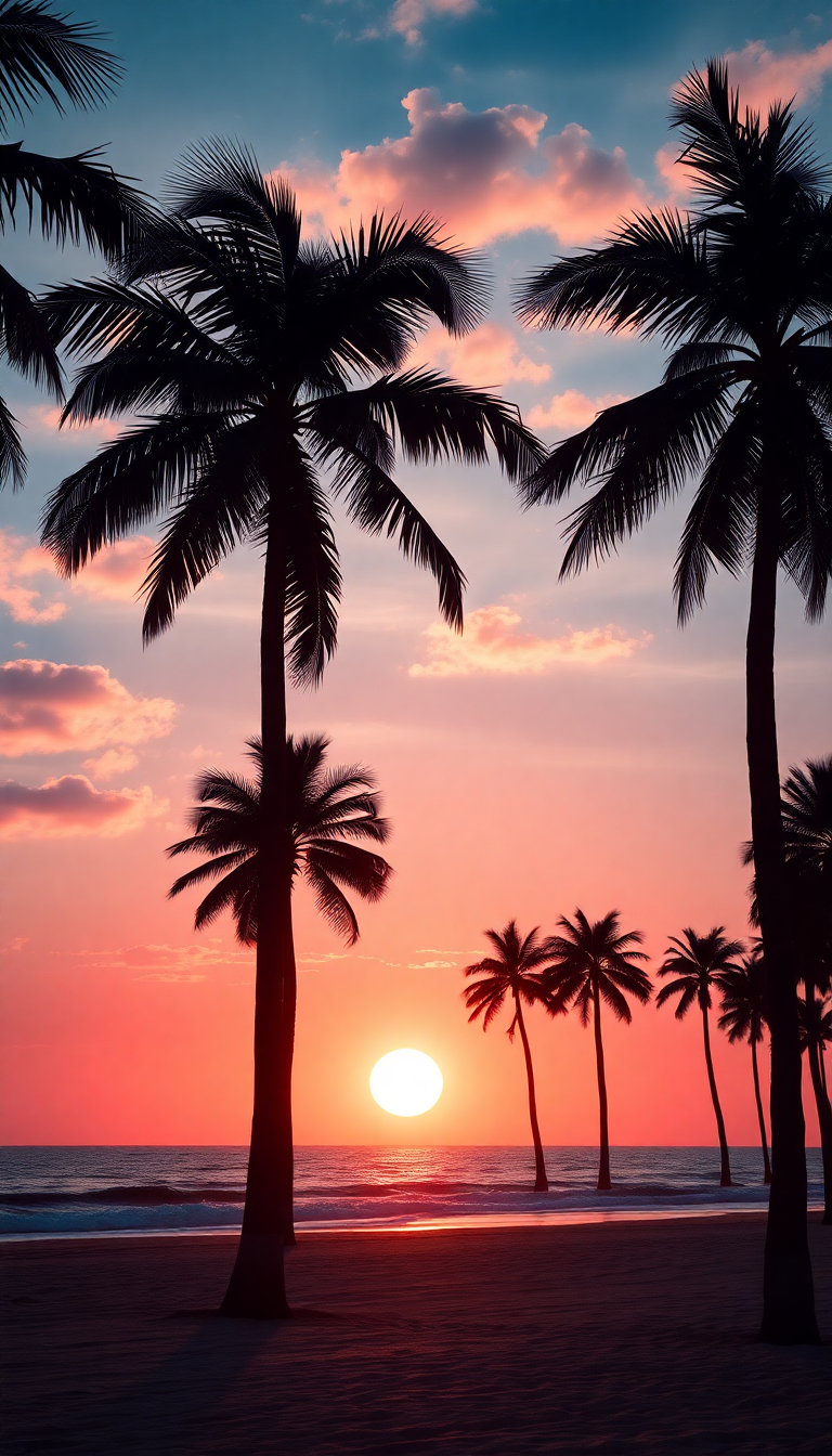 Summer Sunset Beach Silhouette Palm Photorealistic Wallpaper