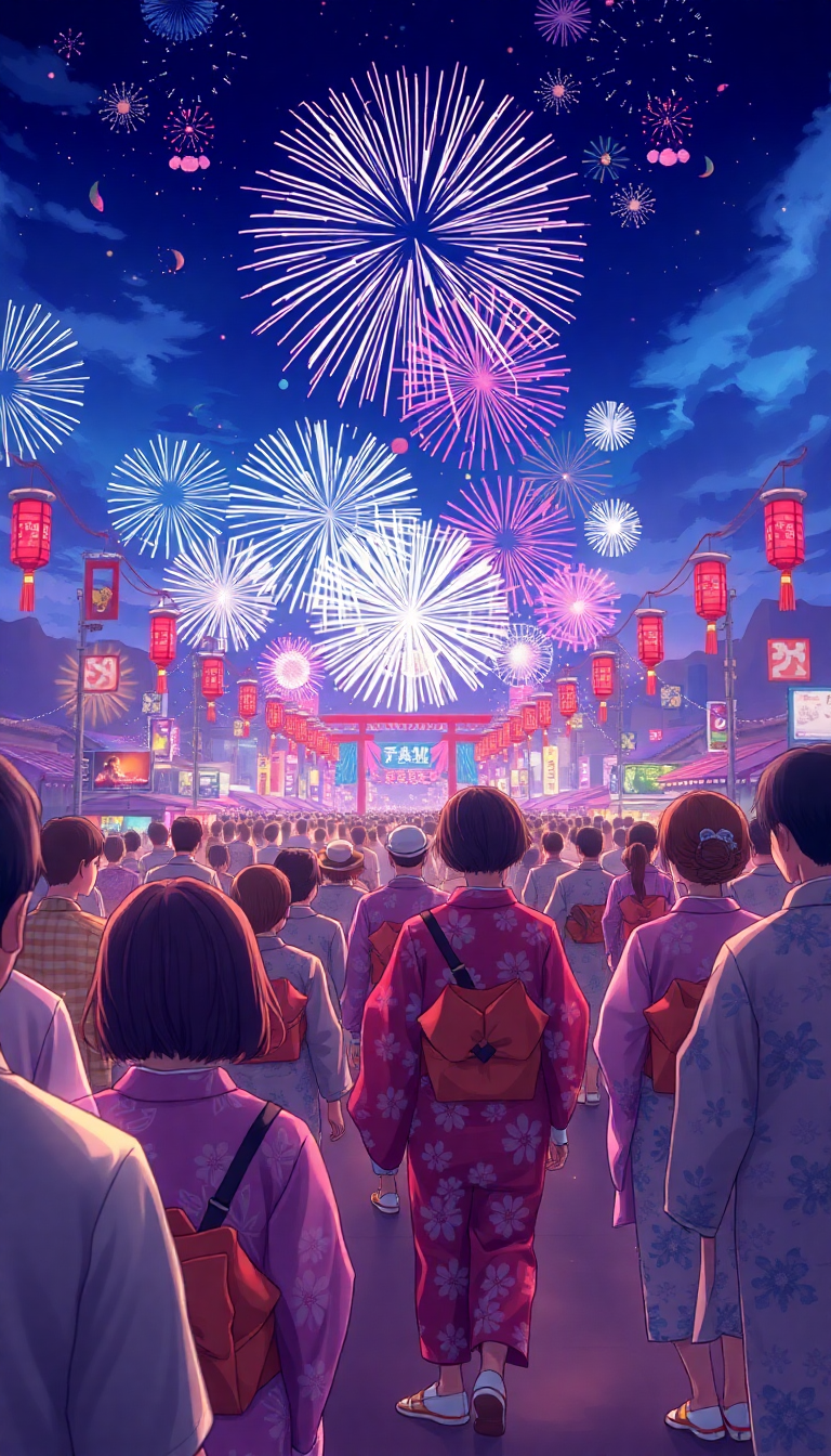 Summer Festival Fireworks Yukata Crowd Anime Wallpaper