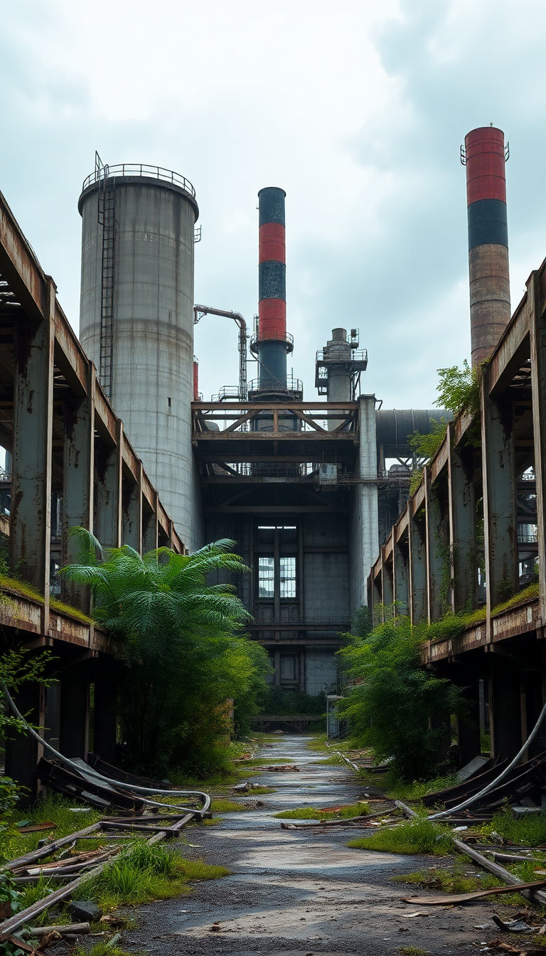 Abandoned Factory Nature Reclaiming Industrial Photorealistic Wallpaper
