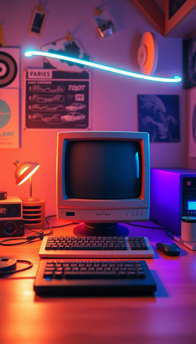 Retro Computer Setup 90s Aesthetic Photorealistic Wallpaper