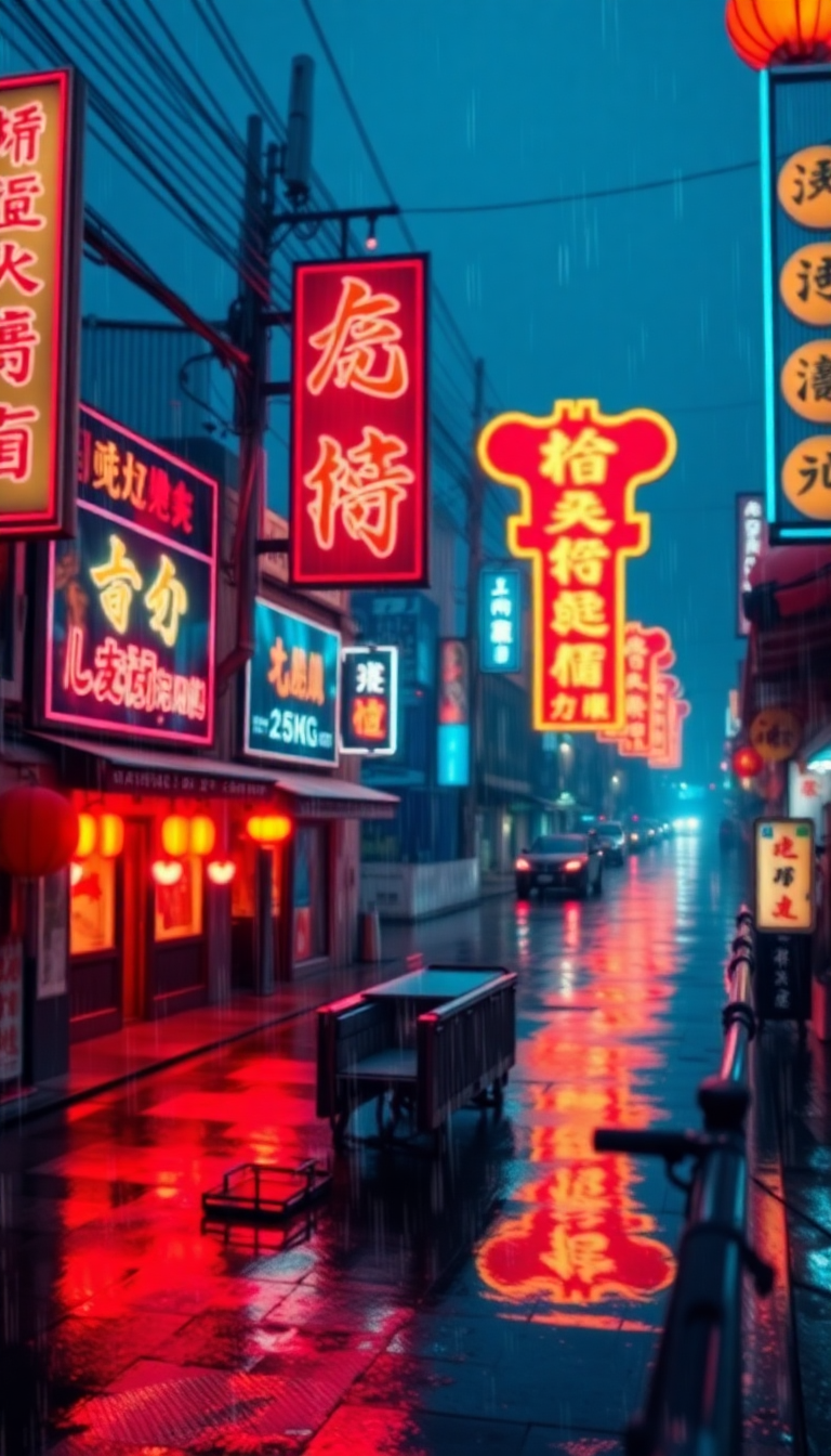 Neon Signs Chinese Characters Rain Digital art Wallpaper