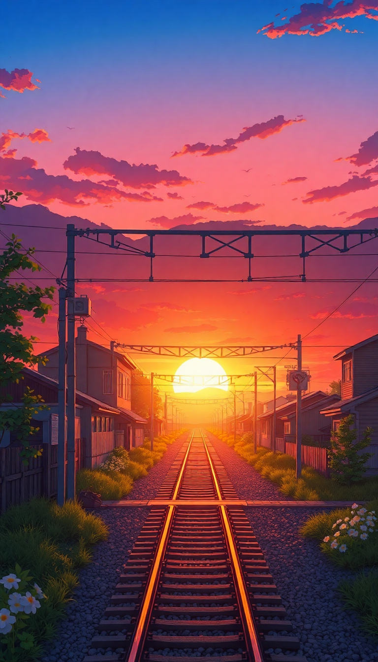 Train Crossing Rural Japan Sunset Anime Wallpaper
