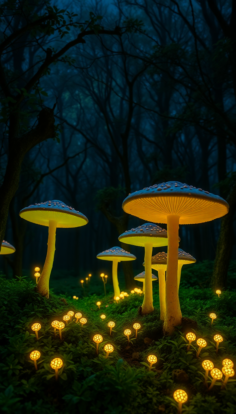 Bioluminescent Mushroom Forest At Night Photorealistic Wallpaper