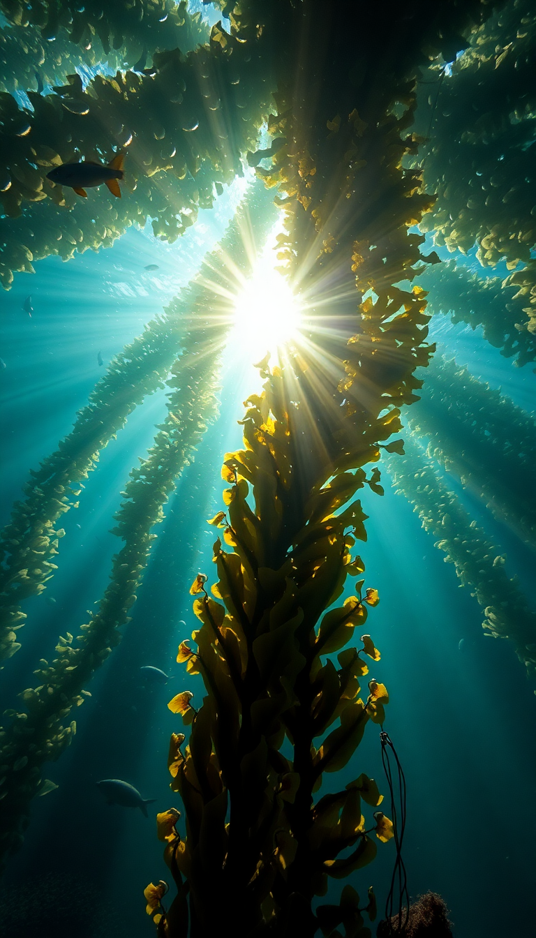 Underwater Kelp Forest Sun Rays Photorealistic Wallpaper