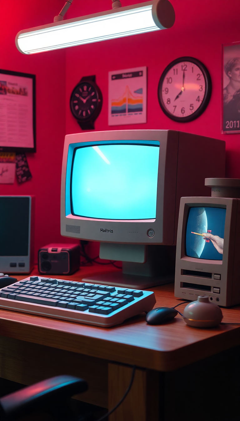 Retro Computer Setup 90s Aesthetic Photorealistic Wallpaper