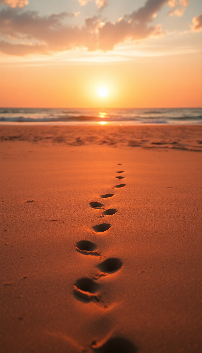 Summer Beach Golden Hour Footprints Photorealistic Wallpaper