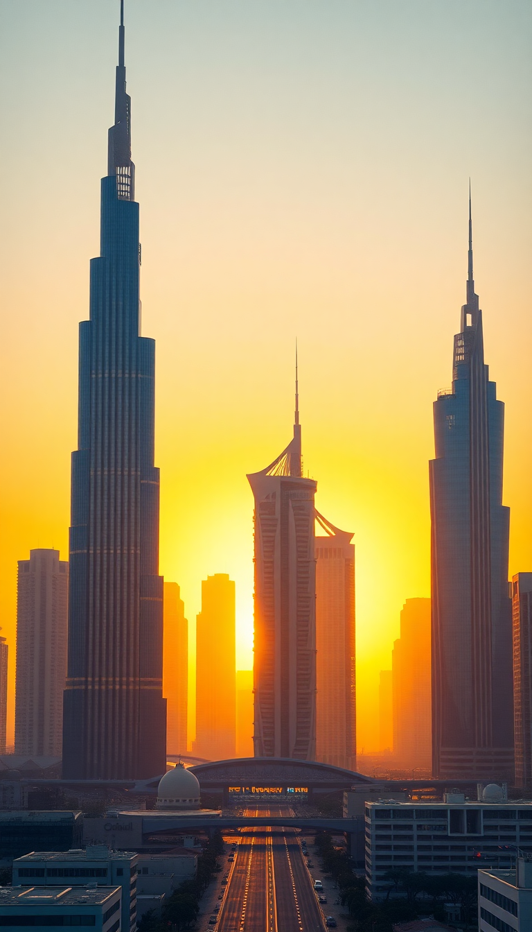 Dubai Skyline Futuristic Towers Sunset Photorealistic Wallpaper