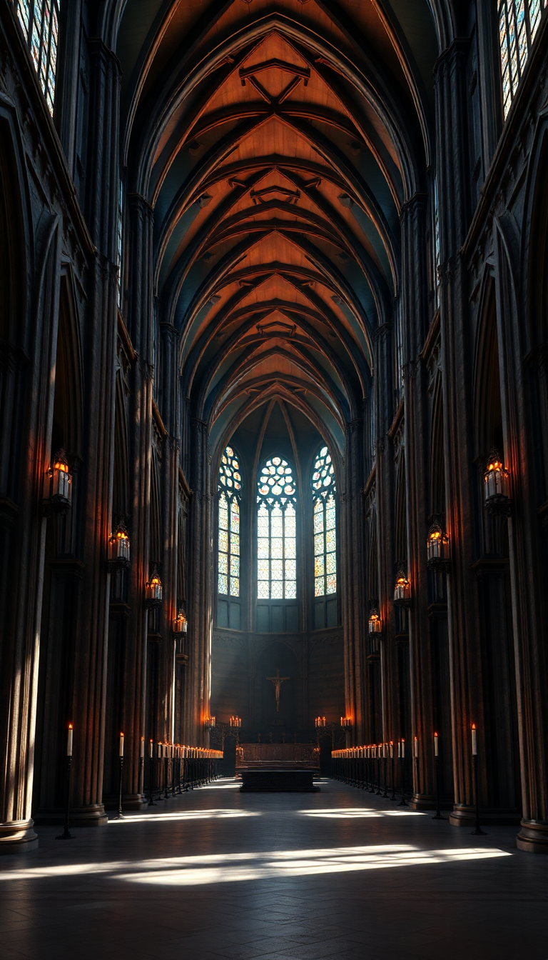 Gothic Cathedral Interior Candlelight Shadows Photorealistic Wallpaper
