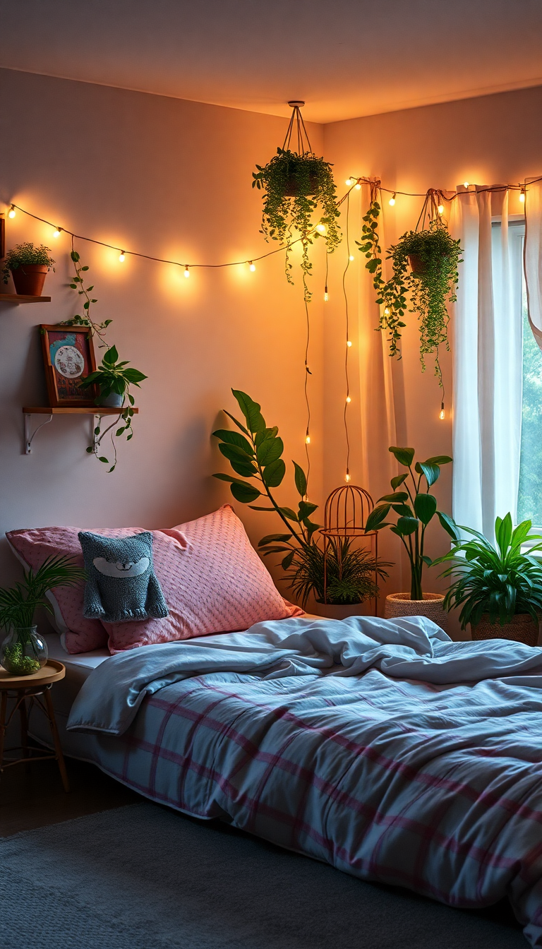 Indie Bedroom Fairy Lights Plants Photorealistic Wallpaper