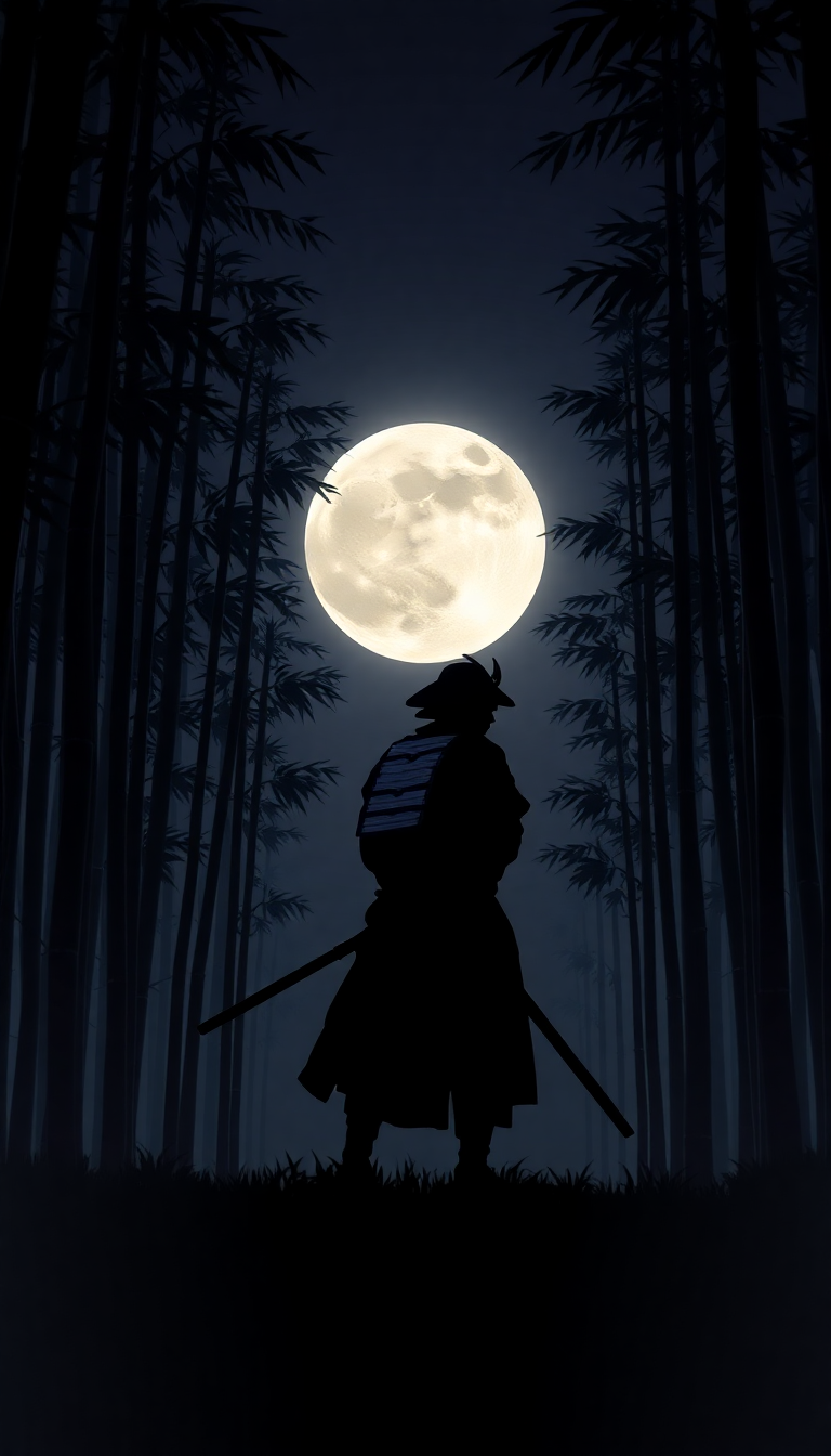 Samurai Silhouette Moonlit Bamboo Forest Digital art Wallpaper