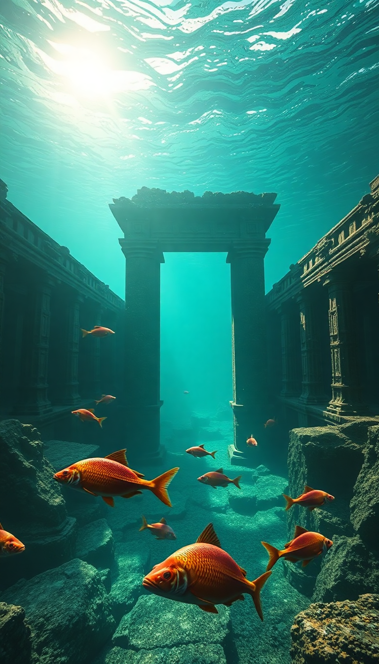 Sunken Ancient Temple Fish Swimming Digital art Wallpaper