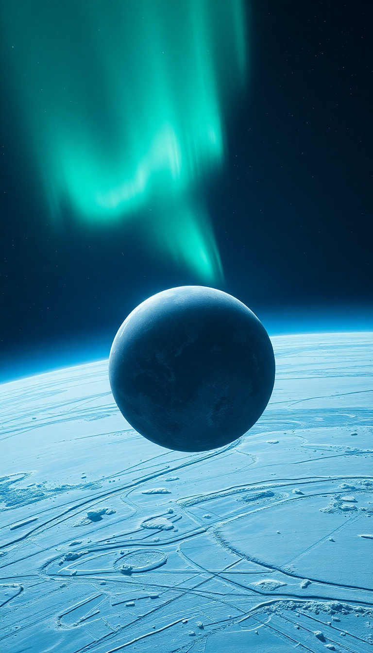 Lonely Satellite Orbiting Ice Planet Photorealistic Wallpaper