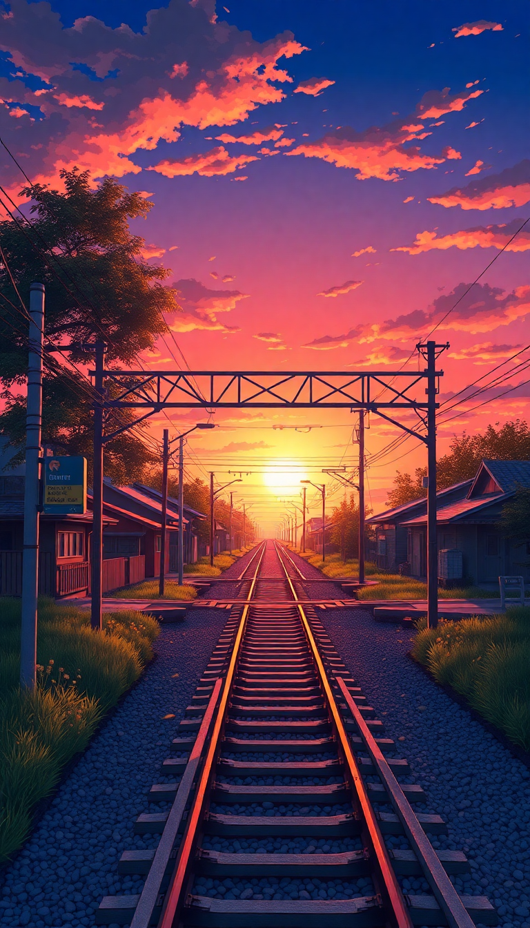 Train Crossing Rural Japan Sunset Anime Wallpaper