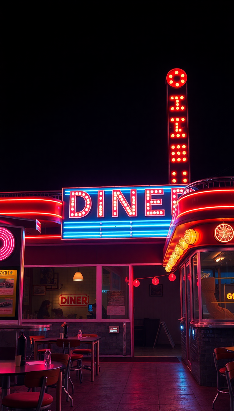 Retro Diner Neon Signs Chrome Photorealistic Wallpaper