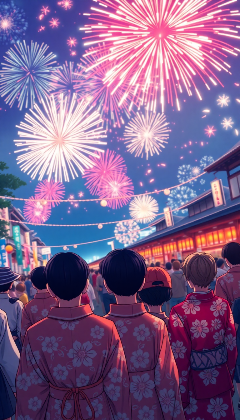 Summer Festival Fireworks Yukata Crowd Anime Wallpaper