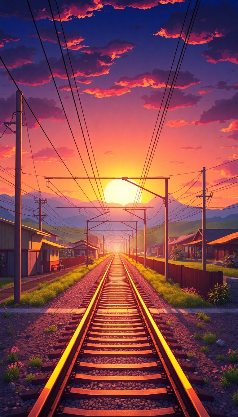 Train Crossing Rural Japan Sunset Anime Wallpaper
