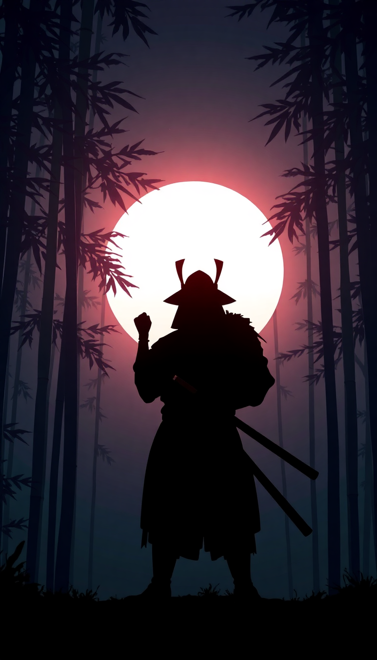 Samurai Silhouette Moonlit Bamboo Forest Digital art Wallpaper