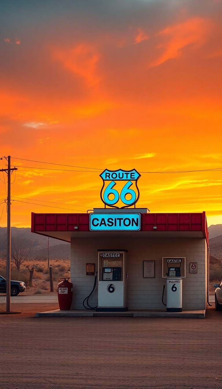 Old Gas Station Desert Route Photorealistic Wallpaper
